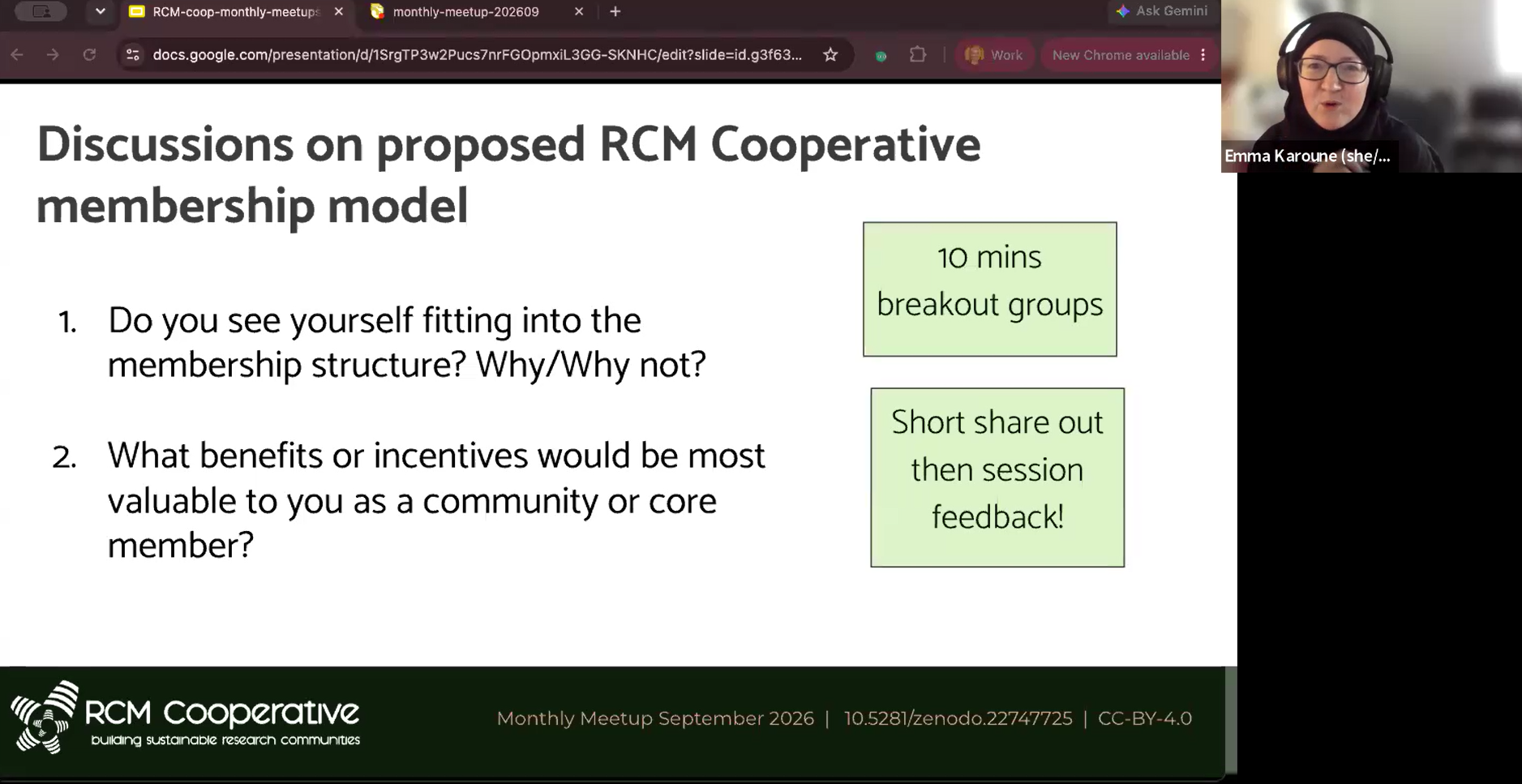 screenshot of Emma Karoune presenting discussion questions - (1) Do you see yourself fitting in the RCM Cooperative membership structure - (2) What benefits or incentives would be most valuable to you as a Community or Core member?